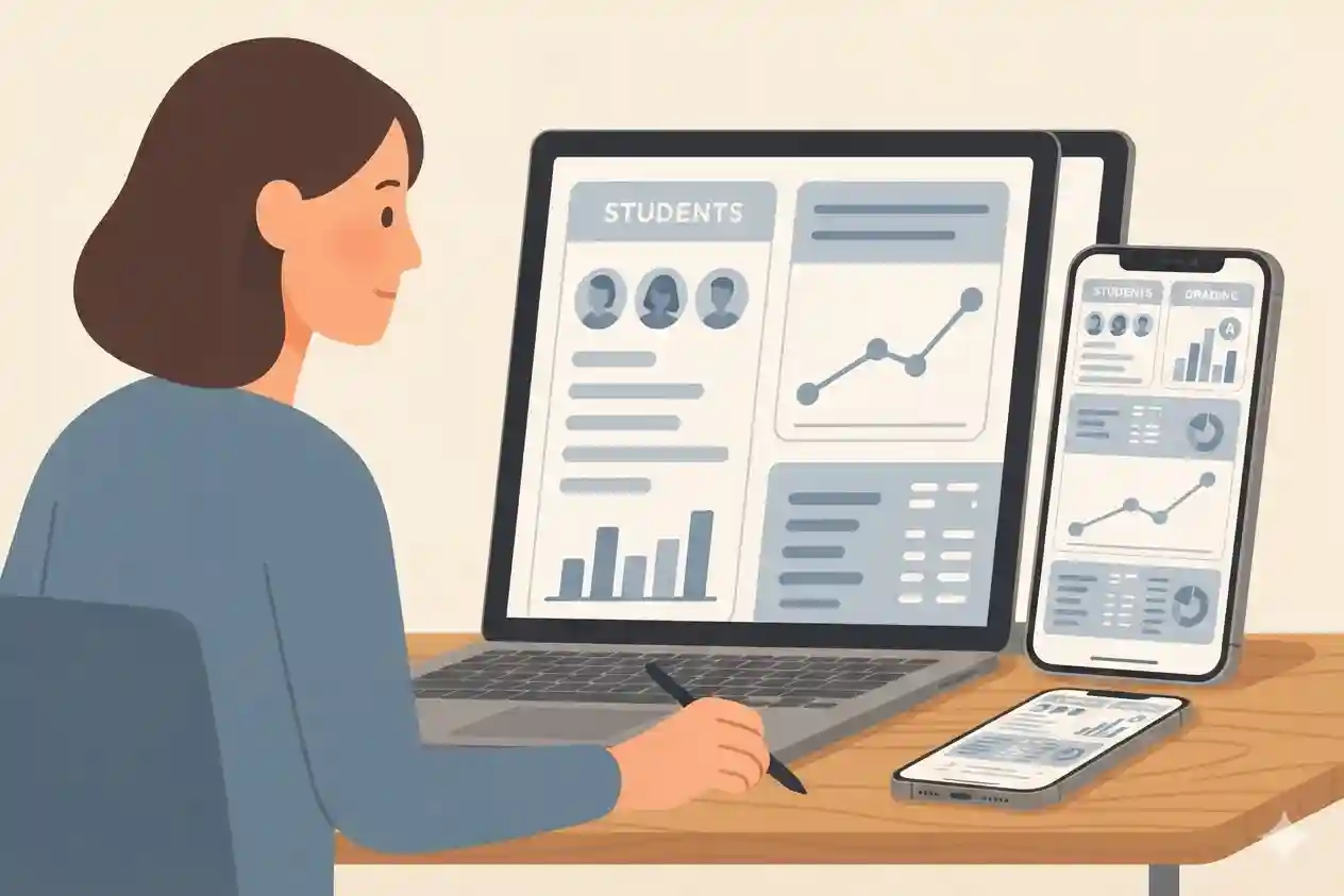School headmaster reviewing dashboard
